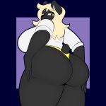  1:1 anthro big_butt black_body black_fur blonde_hair brown_eyes butt clothing female fur hair hand_on_butt hi_res jade_(sleepingpowder) low-angle_view mammal panties perspective simple_background sleepingpowder solo thick_thighs underwear ursid 