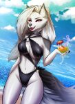  2022 5_fingers anthro beach beverage bikini black_bikini black_clothing black_nails black_nose black_swimwear breasts canid canid_demon cleavage clothed clothing cloud collar colored_nails day demon digital_media_(artwork) fangs female fingers fur grey_body grey_fur hair hellhound helluva_boss hi_res loona_(helluva_boss) mammal multicolored_body multicolored_fur nails navel open_mouth open_smile outside red_sclera sand sea seaside signature silver_hair slimorinkaowo smile solo spiked_collar spikes standing swimwear two_tone_body two_tone_fur under_boob water white_body white_eyes white_fur 