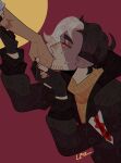  2boys absurdres asymmetrical_bangs bandaged_arm bandages black_gloves blood blood_on_bandages brown_coat brown_hair chromatic_aberration circle coat commentary dark_skin dream_smp english_commentary fingerless_gloves fluffy_hair gloves glowing glowing_eyes half-closed_eyes highres holding_another's_arm interracial kiss kissing_hand kneeling lazulirony looking_at_another male_focus minecraft_youtube mole mole_on_arm multicolored_hair multiple_boys open_clothes open_coat parted_lips pointy_ears profile quackity red_background red_eyes red_pupils scar scar_on_arm shirt short_hair sleeves_rolled_up stitched_face stitches streaked_hair sweater third-party_source upper_body white_hair white_shirt wilbur_soot x yaoi yellow_circle yellow_sweater 