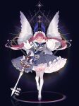  1girl absurdres angel_wings blue_background dress feathered_wings full_body highres lolita_fashion long_hair long_sleeves looking_at_viewer on_(onon2659) original pink_hair purple_eyes solo sword thighhighs tiara twintails weapon wings 