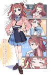  1girl blazer blue_background blue_bow blue_bowtie blue_eyes blue_skirt blush blush_stickers bow bowtie brown_footwear brown_hair clock closed_eyes commentary dot_nose double_bun eyelashes full_body gakuen_idolmaster grey_background hair_bun hanami_saki hands_on_own_cheeks hands_on_own_face hands_on_own_hips hatsuboshi_gakuen_school_uniform highres holding holding_pen idolmaster jacket legs long_hair long_sleeves looking_at_viewer lvetica messy_hair multiple_views open_mouth orange_background pen pink_jacket pink_shirt school_uniform shirt sidelocks skirt smile socks sparkle standing sweat towel towel_around_neck translation_request twintails upper_body v-shaped_eyebrows wall_clock white_shirt white_socks yawning yellow_background 
