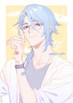  1boy alternate_costume bandaid bandaid_on_arm bandaid_on_hand bangs bespectacled blue_hair bubble_tea closed_mouth cup disposable_cup genshin_impact glasses kamisato_ayato kanapy looking_at_viewer male_focus mole mole_under_mouth purple_eyes shirt signature simple_background solo symbol-only_commentary upper_body watch wristwatch 
