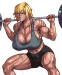  1509virgoart 1girl abs barbell biceps blonde_hair blue_eyes breasts breath exercise large_breasts muscular muscular_female original scar scar_on_face scar_on_nose short_hair solo sports_bra squatting sweat tank_top white_background 