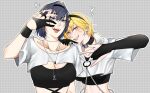  2girls alternate_costume black_choker black_gloves black_hair blonde_hair blue_eyes blush breasts choker cleavage collarbone commentary earrings elbow_gloves english_commentary gloves grey_background grin hair_between_eyes hair_intakes hand_on_another&#039;s_shoulder heart highres hololive hololive_english hololive_indonesia jewelry kaela_kovalskia large_breasts looking_at_viewer matching_outfit midriff multiple_girls necklace notziegler open_mouth ouro_kronii partially_fingerless_gloves pose red_eyes short_hair smile sparkle upper_body virtual_youtuber 