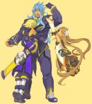 1girl 2boys ahoge ascot bag black_scarf blonde_hair blue_eyes blue_hair boots brooch brown_hair detached_sleeves emil_castagnier fingerless_gloves flower formal gloves green_ascot hair_between_eyes hair_flower hair_ornament hug jewelry knee_boots long_hair marta_lualdi mieu_(tales) multiple_boys muscular muscular_male nikumeron official_alternate_costume regal_bryan scarf school_bag sheath sheathed shirt smile sword tales_of_(series) tales_of_symphonia tales_of_symphonia_knight_of_ratatosk tiptoes tokunaga_(tales) very_long_hair weapon yellow_background 