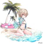  1girl ahat_(ta_ga_tame_no_alchemist) arm_support beach bikini breasts brown_hair closed_mouth eyepatch full_body green_eyes hair_over_one_eye hand_up innertube navel official_alternate_costume official_art outdoors palm_tree pink_innertube prosthesis prosthetic_arm rinzo second-party_source short_hair side-tie_bikini_bottom sideboob sitting small_breasts solo swim_ring swimsuit ta_ga_tame_no_alchemist thighs transparent_background tree two-tone_innertube wariza white_innertube 