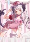  1girl absurdres all_fours animal_ear_fluff animal_ears bandaged_arm bandaged_leg bandages bangs black_bow black_ribbon blunt_bangs blurry blurry_background blush bow breasts cat_ears cat_tail chierishu cleavage_cutout clothing_cutout commentary grin hair_ribbon hat highres hololive indoors intravenous_drip long_hair looking_at_viewer murasaki_shion nurse nurse_cap ribbon short_sleeves sidelocks single_thighhigh small_breasts smile solo stethoscope syringe tail tail_bow tail_ornament thighhighs twintails virtual_youtuber white_hair white_thighhighs yellow_eyes 