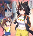  2girls alternate_costume animal_ears black_hair blue_eyes blush breast_envy casual commentary_request empty_eyes highres horse_ears horse_girl kitasan_black_(umamusume) looking_at_viewer meme multiple_girls navel open_mouth ponytail red_eyes space_cat_(meme) takiki tokai_teio_(umamusume) translation_request umamusume 