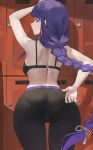  1girl arm_up ass bangs bare_arms bare_shoulders black_bra black_pants bra braid braided_ponytail breasts closed_mouth from_behind genshin_impact highres hood_(james_x) large_breasts long_hair looking_at_viewer looking_back nail_polish pants purple_eyes purple_hair purple_nails raiden_shogun solo thighs underwear 