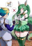  1boy 1girl ? aqua_hair armor b.sa_(bbbs) bare_shoulders black_gloves blonde_hair blurry blurry_background blush breasts brick brick_floor closed_eyes closed_mouth coffee cup elbow_gloves ezreal fingerless_gloves fingernails flying_sweatdrops gem gloves goggles goggles_on_head green_gemstone green_hair green_panties green_skirt green_thighhighs highres large_breasts league_of_legends long_hair multicolored_hair outdoors panties pauldrons pink_lips plate pointing rejection see-through shiny shiny_skin shoulder_armor skindentation skirt smile sona_(league_of_legends) spoken_x spoon standing star_guardian_(league_of_legends) star_guardian_ezreal star_guardian_sona sweat sweatdrop thighhighs twintails underwear very_long_hair white_gloves 