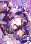  1girl breasts bridal_gauntlets bug butterfly cleavage felielle genshin_impact japanese_clothes kimono large_breasts long_hair looking_at_viewer low_neckline obi purple_eyes purple_hair raiden_shogun sash signature solo thighhighs upside-down 