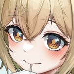  1girl blonde_hair blush close-up closed_mouth crossed_bangs double-parted_bangs drinking_straw english_commentary eyelashes goddess_of_victory:_nikke hair_between_eyes liter_(nikke) looking_at_viewer looking_to_the_side looking_up sagle short_hair solo yellow_eyes 