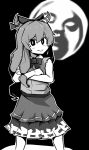  1girl absurdres bangs blush bow bowtie closed_mouth commentary_request cookie_(touhou) crossed_arms feet_out_of_frame flat_chest greyscale hair_bow highres horns ibuki_suika jijii_(nicoseiga91467756) long_hair looking_at_viewer manatsu_no_yo_no_inmu monochrome parody scotch_(cookie)_(style) shirt skirt sleeveless sleeveless_shirt smile solo standing style_parody touhou yamin_(cookie) 