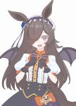  1girl absurdres animal_ears black_gloves blue_flower blue_rose bow bowtie brown_hair flower frilled_hairband frills gloves hair_over_one_eye hairband halloween_costume highres horse_ears horse_girl horse_tail kurobeko_(kur0bek0) long_hair looking_at_viewer open_mouth pink_eyes puffy_short_sleeves puffy_sleeves rice_shower_(make_up_vampire!)_(umamusume) rice_shower_(umamusume) rose short_sleeves simple_background solo tail umamusume white_background wings 