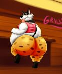  anthro belly big_belly big_butt black_nose brown_eyes butt canid canine canis cheek_bulge clothing crashwolf doggo_(undertale) domestic_dog fur grillby&#039;s hand_on_stomach hi_res inside looking_at_viewer looking_back male mammal on_one_leg overweight overweight_anthro overweight_male pattern_clothing pink_clothing pink_shirt pink_tank_top pink_tongue pink_topwear shirt solo spots spotted_clothing standing tank_top tongue tongue_out topwear undertale undertale_(series) video_games white_belly white_body white_fur 