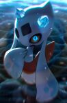  blue_background blue_eyes blue_theme blurry from_above froslass full_body glowing glowing_eye highres hollow_eyes horns light_particles looking_at_viewer motion_blur no_humans pokemon pokemon_(creature) rend solo 