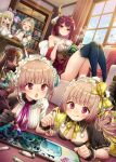  5girls :3 :d :q alt_(ctrldel) angry atelier_(series) atelier_lydie_&amp;_suelle bare_shoulders between_legs black_gloves blonde_hair blue_eyes blush bookshelf bow breast_press breasts cleavage closed_eyes corset couch cup excited firis_mistlud from_below full_body gloves gradient_hair green_hair hair_bow hair_ribbon hairband hands_up happy headscarf highres holding holding_cup ilmeria_von_leinweber indoors knees_together_feet_apart legs light_brown_hair lolita_hairband long_hair looking_at_another looking_at_viewer looking_down lydie_malen lying medium_breasts medium_hair multicolored_hair multiple_girls on_couch on_ground on_stomach orange_eyes own_hands_together painting_(action) pink_eyes pink_hair red_hair red_skirt ribbon shirt siblings side_ponytail sideless_shirt single_glove sisters sitting skirt small_breasts smile sophie_neuenmuller striped_clothes striped_thighhighs suelle_malen tea thighhighs thighs tongue tongue_out twins two-tone_dress very_long_hair white_shirt 
