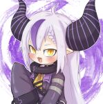  abstract_background baggy_clothing belt blush braided_hair cat_smile clothing collar demon demon_humanoid doneru fangs female hair hololive horn humanoid humanoid_pointy_ears laplus_darkness looking_aside looking_at_viewer multicolored_hair purple_hair scarf simple_background solo virtual_youtuber young 