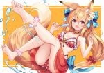  1girl animal_ear_fluff animal_ears bikini breasts collarbone food fox_ears fox_girl fox_tail front-tie_bikini front-tie_top hair_between_eyes holding holding_food long_hair low-tied_long_hair medium_breasts navel open_mouth orange_hair original popsicle red_bikini red_eyes red_sarong sakura_ani sarong solo swimsuit tail 