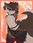  absurd_res anthro bell bell_collar blush brown_hair cerv4work cheek_tuft chest_tuft clothed clothing collar collarbone digital_media_(artwork) domestic_cat ear_tuft facial_tuft felid feline felis fishnet fishnet_armwear fishnet_legwear fluffy fluffy_tail fur green_eyes grey_body hair hi_res inner_ear_fluff leggings legwear looking_at_viewer maine_coon mammal markings multicolored_body multicolored_fur navel navel_piercing piercing sarong simple_background smile solo stripes tuft underwear whiskers white_body white_fur 