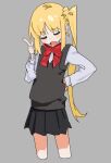  1girl black_skirt black_vest blonde_hair blush bocchi_the_rock! bow bowtie closed_eyes cropped_legs grey_background hand_on_own_hip ijichi_nijika index_finger_raised kurobeko_(kur0bek0) long_hair long_sleeves open_mouth red_bow red_bowtie shirt side_ponytail simple_background skirt solo sweater_vest very_long_hair vest white_shirt 