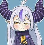  belt blush clothed clothing collar demon demon_humanoid doneru female hair headshot_portrait hololive horn humanoid humanoid_pointy_ears laplus_darkness looking_aside multicolored_hair portrait purple_hair scarf simple_background smile smug_face solo virtual_youtuber young 