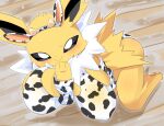  3_fingers all_fours animal_print anthro barefoot big_breasts big_butt black_inner_ear black_nose black_sclera blush bodily_fluids breasts butt closed_smile clothed clothing cow_print eeveelution fake_ears fake_horns feet female fingers fur jolteon kneeling lets0020 long_ears looking_at_viewer mouth_closed neck_tuft nintendo nipple_outline pawpads paws pok&eacute;mon pok&eacute;mon_(species) smile solo sweat sweatdrop tuft video_games white_body white_eyes white_fur white_tuft yellow_body yellow_fur yellow_pawpads 