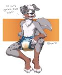  anthro biped bodily_fluids canid canine canis dialogue diaper diaper_only domestic_dog foxehhyz genital_fluids male mammal simple_background solo solo_focus talking_to_viewer text urine wet_diaper wetting 