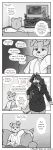 2024 absurd_res anthro big_breasts biped blush bottomwear breasts canid canine canis canisfidelis closed_smile clothed clothing comic dialogue domestic_dog duo electronics english_text eyebrows female floppy_ears hair half-closed_eyes herding_dog hi_res holding_object humphrey_(canisfidelis) inside long_hair looking_at_another male mammal monochrome mouth_closed narrowed_eyes office_clothing pastoral_dog seashell_(canisfidelis) shirt skirt smile solo speech_bubble standing television text thought_bubble topwear watching_television welsh_corgi