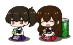  2girls akagi_(kancolle) apron blue_hakama bowl brown_eyes brown_gloves brown_hair chopsticks closed_eyes drum_(container) gloves hakama hakama_short_skirt hakama_skirt holding holding_bowl holding_chopsticks japanese_clothes kaga_(kancolle) kantai_collection long_hair multiple_girls muneate partially_fingerless_gloves red_hakama rikaon short_sidetail side_ponytail single_glove skirt straight_hair tasuki yugake 