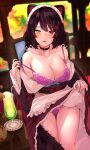  1girl animal_ears apron bangs bare_shoulders black_choker blurry blurry_background blush bra breasts brown_hair choker cleavage cup dog_ears dog_girl dog_hair_ornament dog_tail drinking_glass drinking_straw frilled_apron frills hair_ornament hcz_n heterochromia inui_toko japanese_clothes kimono kimono_pull large_breasts lifted_by_self long_hair looking_at_viewer low_twintails maid_headdress nijisanji obi panties pink_bra pink_panties red_eyes red_skirt sash sitting skirt solo strap_pull tail thigh_gap tongue tongue_out twintails underwear virtual_youtuber yellow_eyes 