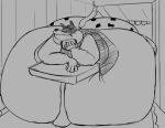  5_fingers anthro arm_support belly belly_expansion big_belly big_butt big_cheeks black_nose butt canid canine canis cavios clothing doggo_(undertale) domestic_dog expansion eyebrows fingers food furniture holding_food holding_object huge_butt hyper hyper_belly immobile leaning_on_elbow leaning_on_table looking_at_viewer lying male mammal monochrome morbidly_obese morbidly_obese_anthro morbidly_obese_male obese obese_anthro obese_male on_front overweight overweight_anthro overweight_male pattern_clothing raised_eyebrow shirt solo spots spotted_clothing t-shirt table topwear undertale undertale_(series) video_games weight_gain white_eyebrows 