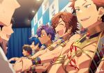  1girl 6+boys black_hair blue_hair blush brown_hair chain closed_eyes curtains earrings ensemble_stars! green_eyes handshake jewelry kiri_futoshi kiryu_kuro male_focus meeting mikejima_madara multiple_boys nagumo_tetora open_mouth otogari_adonis pectorals purple_hair red_hair sazanami_jun short_hair smile 