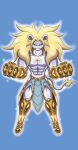  4_fingers abs anthro armor big_hair blonde_hair blue_background blue_sclera bottomwear clothing drawsfigures european_mythology fangs felid fingers fist forehead_gem fur gauntlets gloves gold_(metal) gold_armor greek_mythology hair handwear hi_res leg_armor lion loincloth looking_at_viewer male mammal muscular muscular_male mythology nemean_lion pantherine pupils simple_background slit_pupils solo sparkles tail_tuft tuft white_body white_fur 
