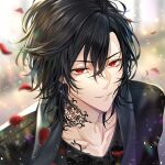  1boy bishounen black_hair black_shirt collared_shirt ear_piercing falling_petals hair_between_eyes highres lens_flare light_smile looking_at_viewer makura_wet male_focus original petals piercing red_eyes shirt short_hair signature solo tattoo tattoo_on_neck upper_body 