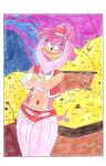 amy_rose anthro bottomwear clothed clothing crossed_arms ears_up emperornortonii eulipotyphlan eyelashes female female_anthro genie gloves green_eyes hair handwear headgear headwear hedgehog humanoid lidded_eyes looney_tunes mammal multicolored_body navel navel_jewelry pants pink_body ponytail sega signature smile solo sonic_the_hedgehog_(series) tail tan_arms tan_body treasure treasure_chest treasure_hoard warner_brothers