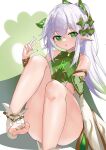  1girl absurdres armlet bangs bare_shoulders barefoot bracelet breasts dress genshin_impact green_dress green_eyes hair_ornament highres jewelry kusanali_(genshin_impact) looking_at_viewer musicatopos pointy_ears ponytail side_ponytail sitting small_breasts solo toes white_hair 