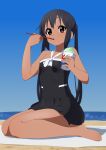  1girl absurdres barefoot beach black_dress black_hair blue_sky brown_eyes commentary_request commission cup dress dress_swimsuit drinking_straw drinking_straw_in_mouth highres holding holding_cup holding_drinking_straw k-on! kicchi_(tmgk) long_hair mouth_hold nakano_azusa ocean outdoors shadow shaved_ice sitting skeb_commission sky solo swimsuit tan twintails 