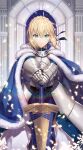  1girl ahoge armor armored_dress artoria_pendragon_(fate) bangs blonde_hair blue_cape blue_dress cape dress excalibur_(fate/stay_night) fate/stay_night fate_(series) fur-trimmed_cape fur_trim gabiran gauntlets green_eyes highres long_hair looking_at_viewer saber solo sword weapon 