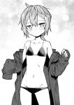  1girl bikini flat_chest girls&#039;_frontline greyscale highres jacket jacket_partially_removed lowleg lowleg_bikini m200_(girls&#039;_frontline) monochrome ponytail sleeves_past_fingers sleeves_past_wrists solo swimsuit tomurasuisen 