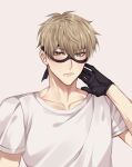  1boy black_gloves blonde_hair blue_eyes blush brown_hair closed_mouth gloves hairband highres male_focus rourouki shirt short_hair spy_x_family t-shirt twilight_(spy_x_family) white_shirt 