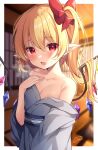  1girl bare_shoulders blonde_hair bow breasts breath collarbone fang flandre_scarlet hair_between_eyes hair_bow highres indoors japanese_clothes kimono looking_at_viewer miy@ obi off_shoulder parted_lips pointy_ears red_bow red_eyes sash side_ponytail signature small_breasts solo sweat touhou upper_body wings yukata 