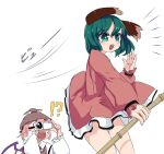  !? 2girls ameyu_(rapon) animal_ears bird_wings blush brown_dress brown_headwear camcorder dog_ears dress frilled_sleeves frills green_eyes green_hair holding holding_camcorder kasodani_kyouko long_sleeves multiple_girls mystia_lorelei open_mouth pink_dress pink_hair short_hair simple_background smile third-party_source touhou video_camera white_background white_wings winged_hat wings 