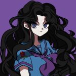  1girl black_hair blue_eyes diamond_wa_kudakenai gakuran jojo_no_kimyou_na_bouken kk396 long_hair purple_background school_uniform serafuku short_sleeves solo wavy_hair yamagishi_yukako 