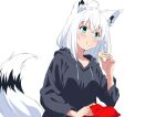  1girl absurdres ahoge alternate_costume animal_ears aqua_eyes black_hoodie blush chips_(food) eating food fox_ears fox_girl fox_tail highres holding holding_food hololive hood hoodie kishishi_(kishiman-ya) looking_at_viewer medium_hair mouth_hold potato_chips shirakami_fubuki solo tail virtual_youtuber white_background white_hair 