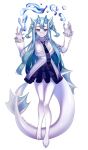  2020 5_fingers anthro barefoot blue_eyes blue_hair clothed clothing digital_media_(artwork) dragon dress feet female fingers full-length_portrait hair hi_res horn long_hair long_sleeves looking_at_viewer magic_user necktie portrait shaded simple_background solo standing tealsick water 