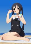  1girl absurdres barefoot beach black_dress black_hair blue_sky brown_eyes commentary_request commission cup dress dress_swimsuit drinking_straw drinking_straw_in_mouth highres holding holding_cup holding_drinking_straw k-on! kicchi_(tmgk) long_hair mouth_hold nakano_azusa ocean outdoors shadow shaved_ice sitting skeb_commission sky solo swimsuit twintails 