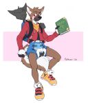  anthro backpack biped blush book bottomless brown_eyes canid canine clothed clothing diaper diaper_grope duo foxehhyz hi_res holding_book holding_object male mammal simple_background student 