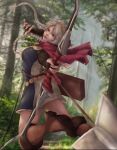  1girl aiming_at_viewer arrow_(projectile) bangs belt blue_eyes boots bow_(weapon) braid breasts bridal_gauntlets capelet closed_mouth fire_emblem fire_emblem_fates forest hairband holding holding_bow_(weapon) holding_weapon hood hood_down hooded_capelet leather leather_boots leather_strap low_twintails medium_breasts nature nina_(fire_emblem) outdoors parted_bangs red_hood saerinn tree twin_braids twintails weapon white_hair white_hairband 