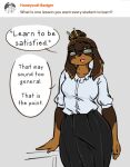 2023 accessory anthro ask_blog biped black_body black_bottomwear black_clothing black_hair black_nose black_skirt bottomwear breasts canid canine canis canisfidelis clothed clothing countershade_face countershade_torso countershading dachshund dialogue domestic_dog eyebrows eyewear female floppy_ears front_view glasses gloves_(marking) hair hair_accessory hair_bun hair_sticks hunting_dog looking_at_viewer mammal markings medium_breasts ms._haley_(canisfidelis) multicolored_body shirt simple_background skirt solo speech_bubble standing tan_body tan_countershading tan_markings topwear two_tone_body user_avatar user_message white_clothing white_shirt white_topwear